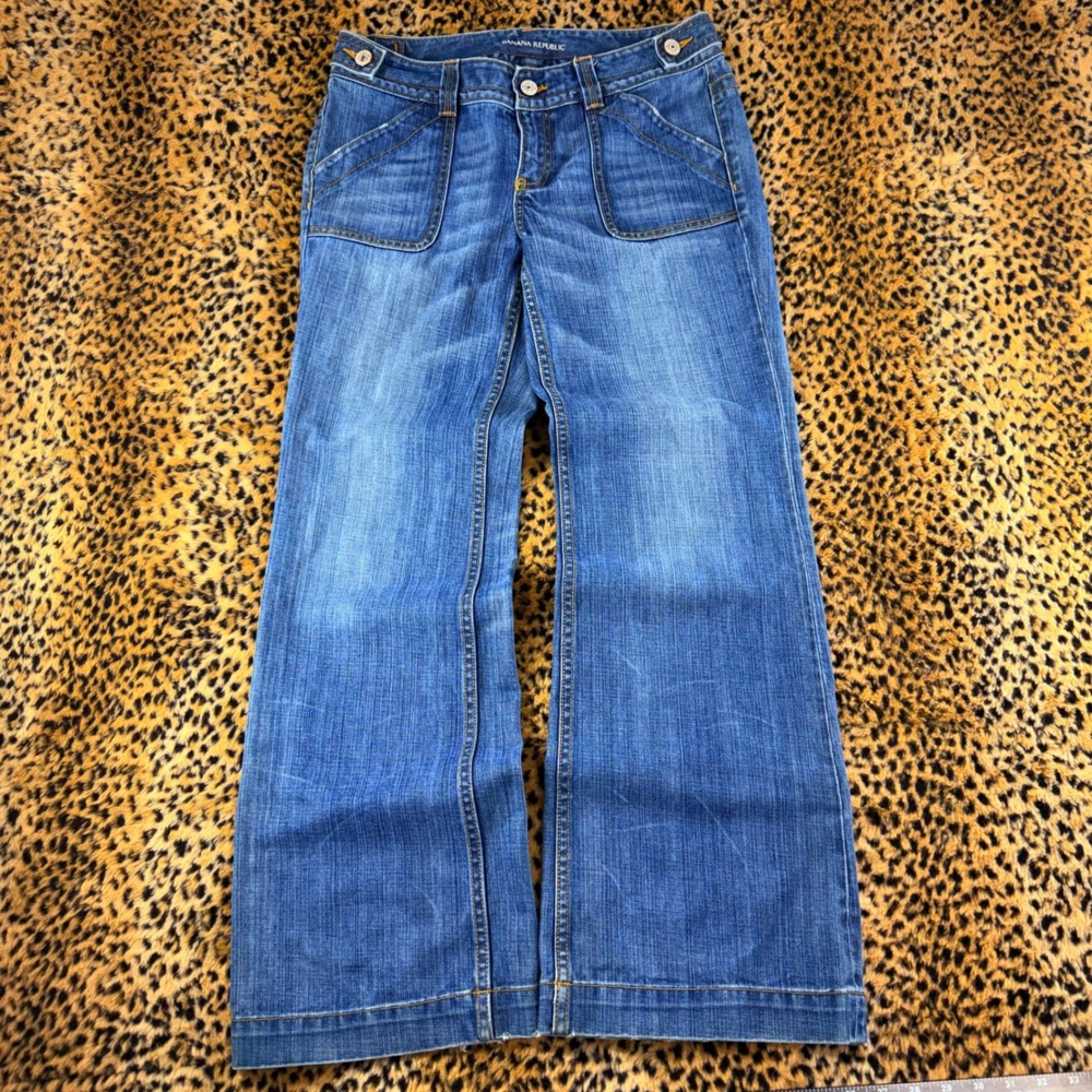 Banana Republic Vintage 2000s Flare Jeans Wide Leg Patch Pockets Blue Size 8